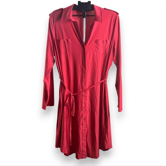 dip Dresses & Skirts - Womens Red Button Front Shirt Dress Belted Long Sleeve 1X Career Casual Stretchy